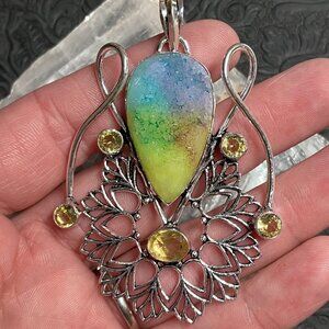 Sugar Druzy Rainbow Quartz and Citrine Bohemian Styled Mandala Pendant